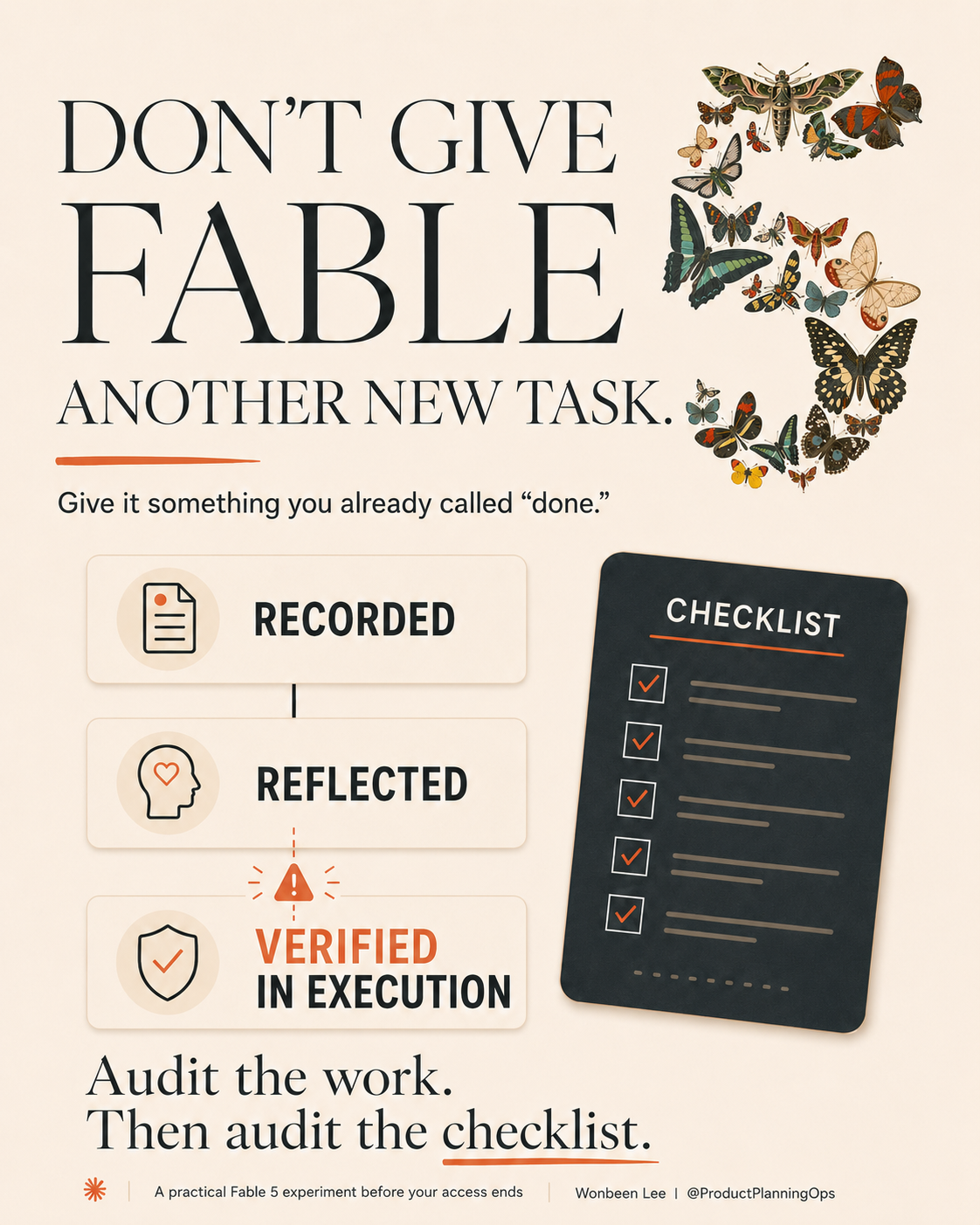 Fable 5 release audit workflow showing Recorded, Reflected, and Verified in Execution, with a checklist and the message Audit the work, then audit the checklist.